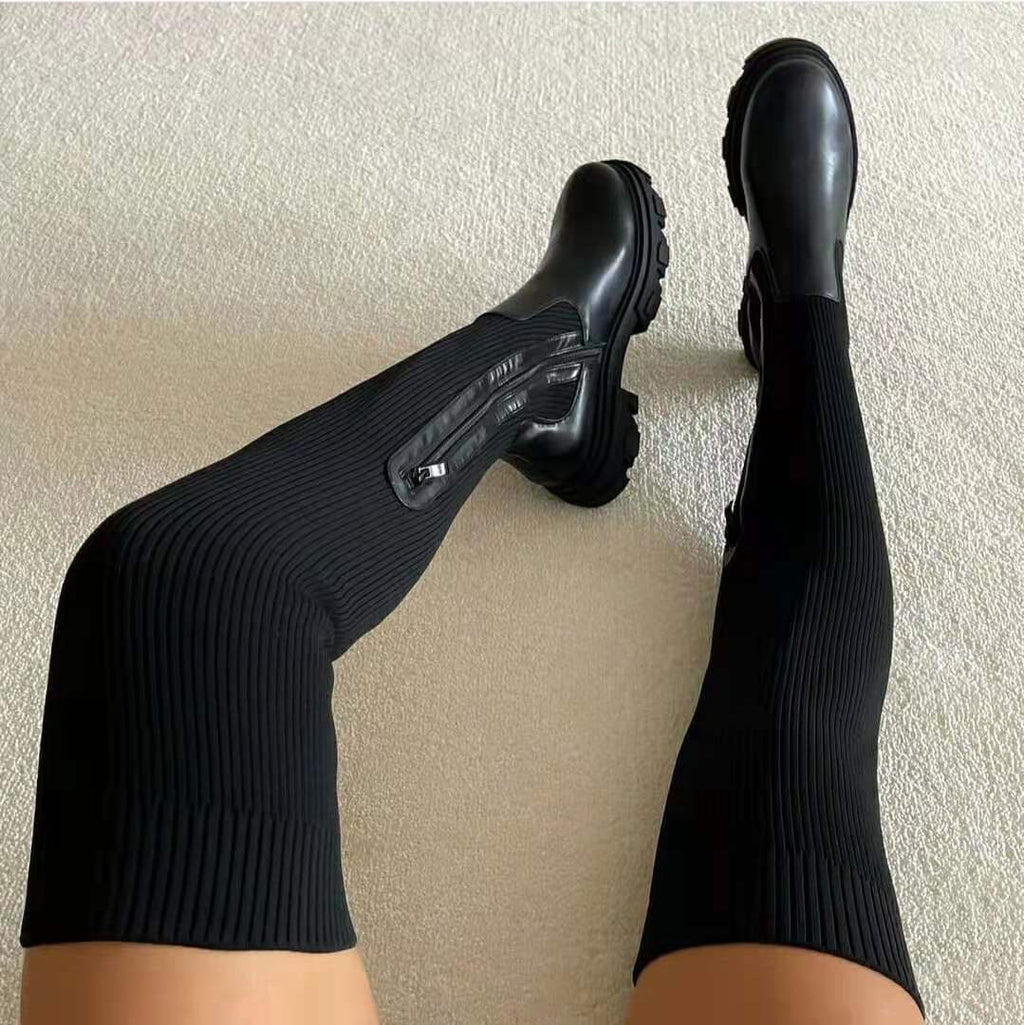 Sarah Express Over-the-Knee Elastic Platform Boots Black