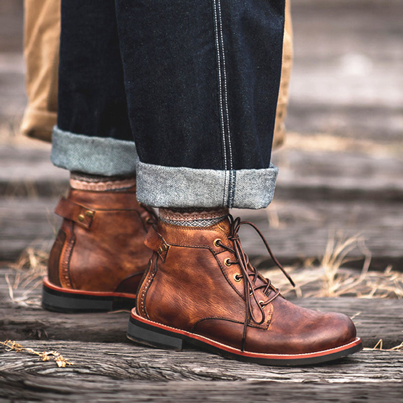 Sarah Express Men's Waxed Leather Lace-Up Ankle Boots