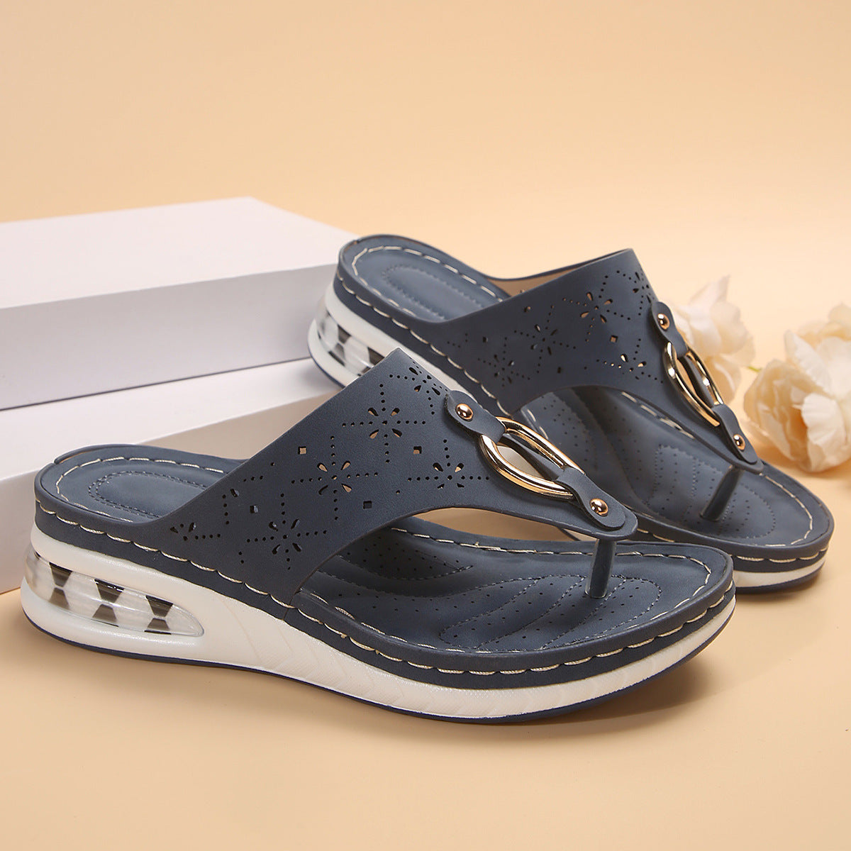 Sarah Express Air Cushion Wedge Thong Sandals Dark Blue