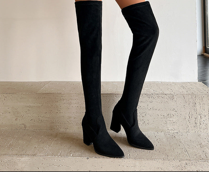 Sarah Express Suede Pointed Toe Chunky Heel Boots