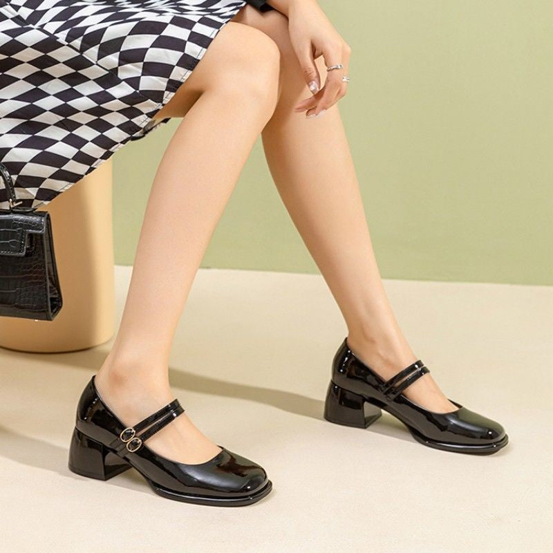 Sarah Express French-Style Chunky Heel Mary Jane Shoes Black