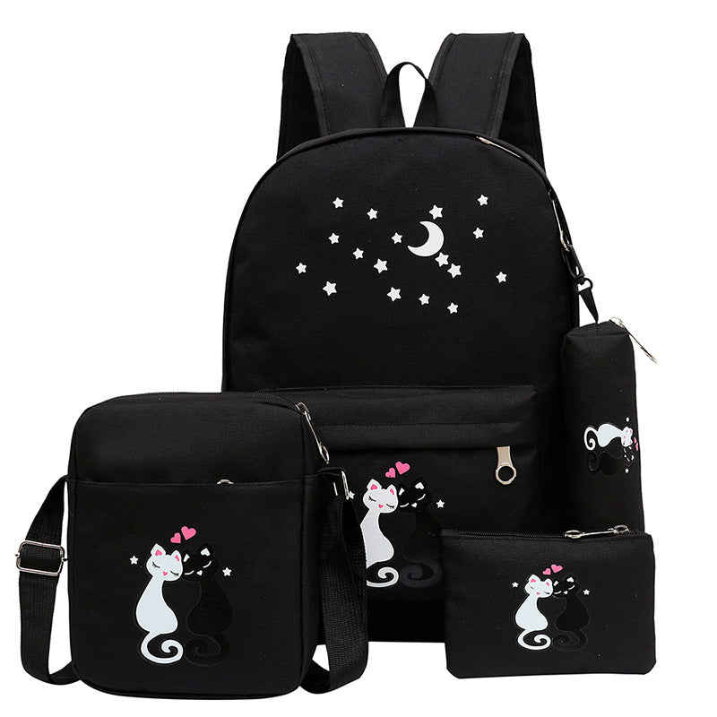 Sarah Express Cartoon Cat Print Canvas Backpack Set