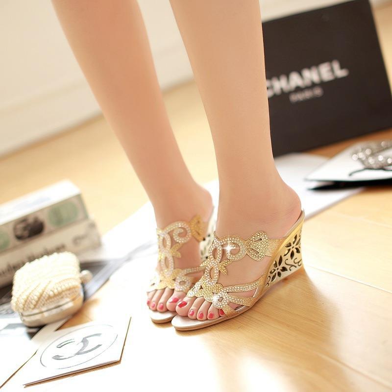 Sarah Express Rhinestone Wedge Sandals Peep Toe Slides