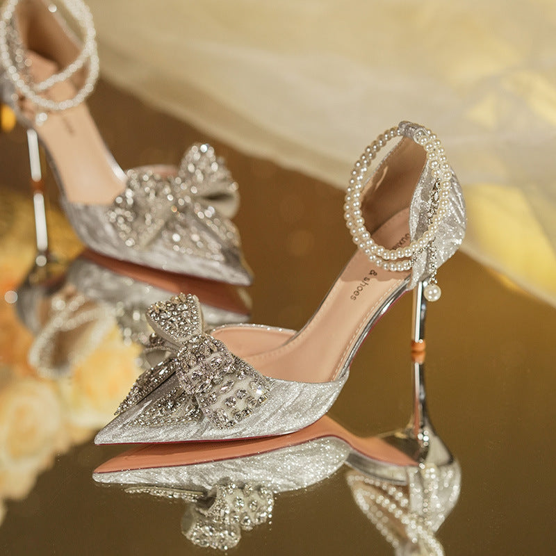 Sarah Express Rhinestone Bow Pointed Toe Pearl Heels