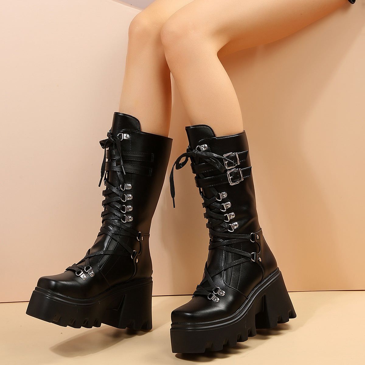 Sarah Express Women's Mid-Calf Lace-Up Wedge Boots