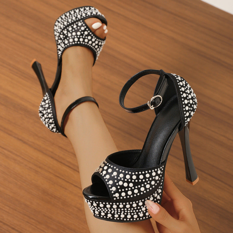 Sarah Express Waterproof Platform Pearl Ankle Strap Heels Black