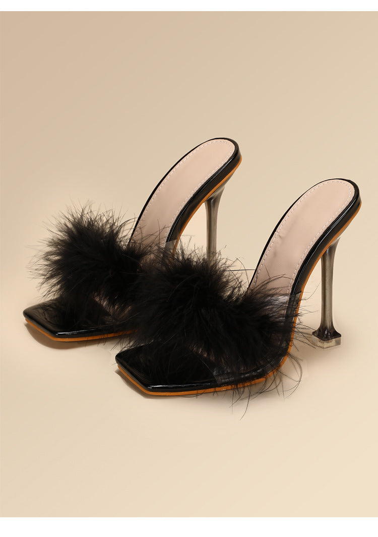 Sarah Express Furry Transparent Stiletto Heel Sandals
