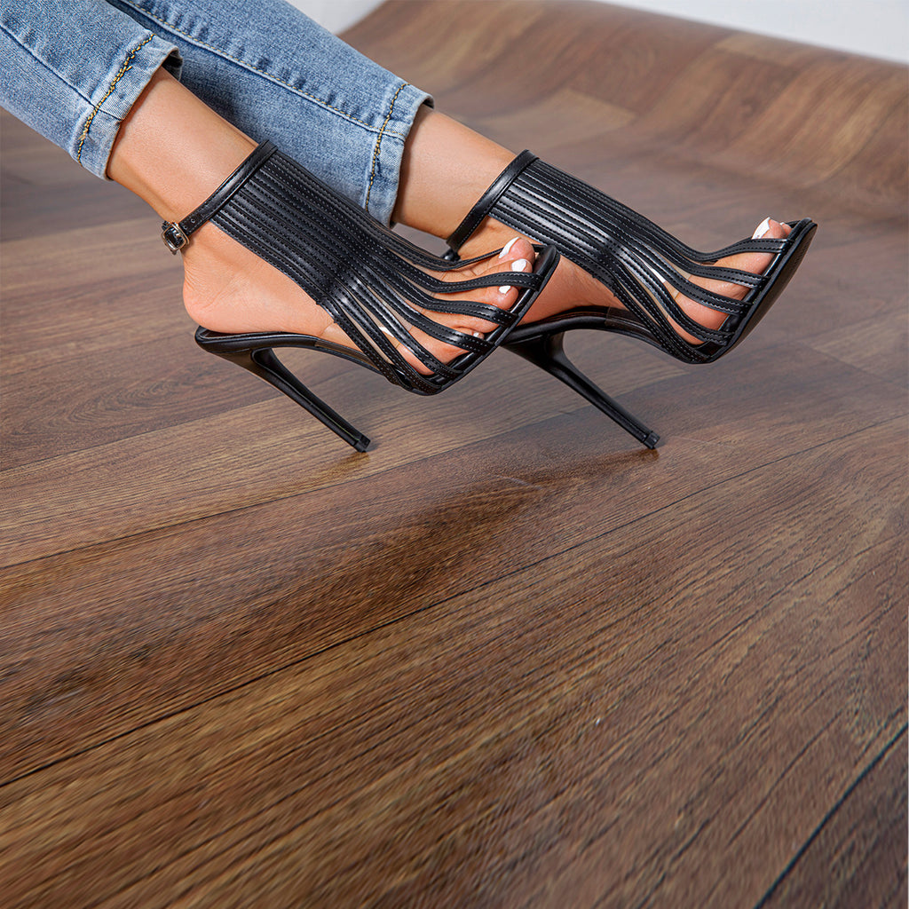 Sarah Express Black Stiletto Open Toe Roman Sandals