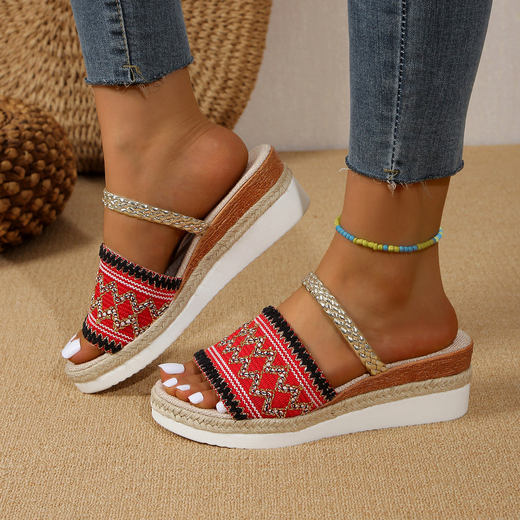 Sarah Express Ethnic Pattern Wedge Sandals Summer Slides