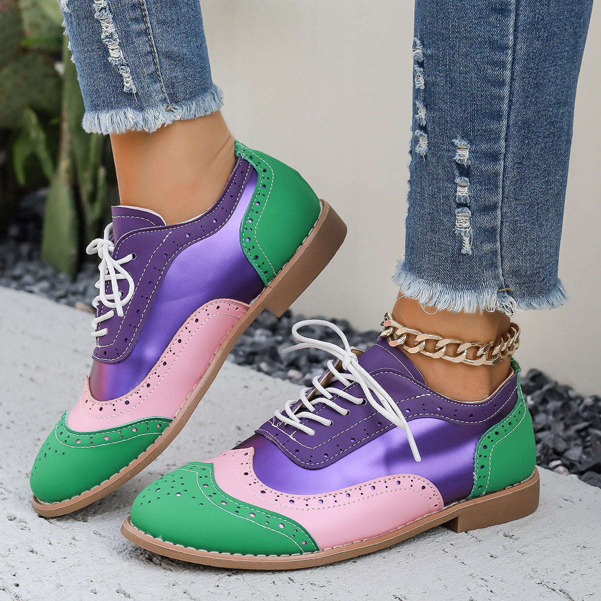 Sarah Express Color-Block Lace-Up Round Toe Flats