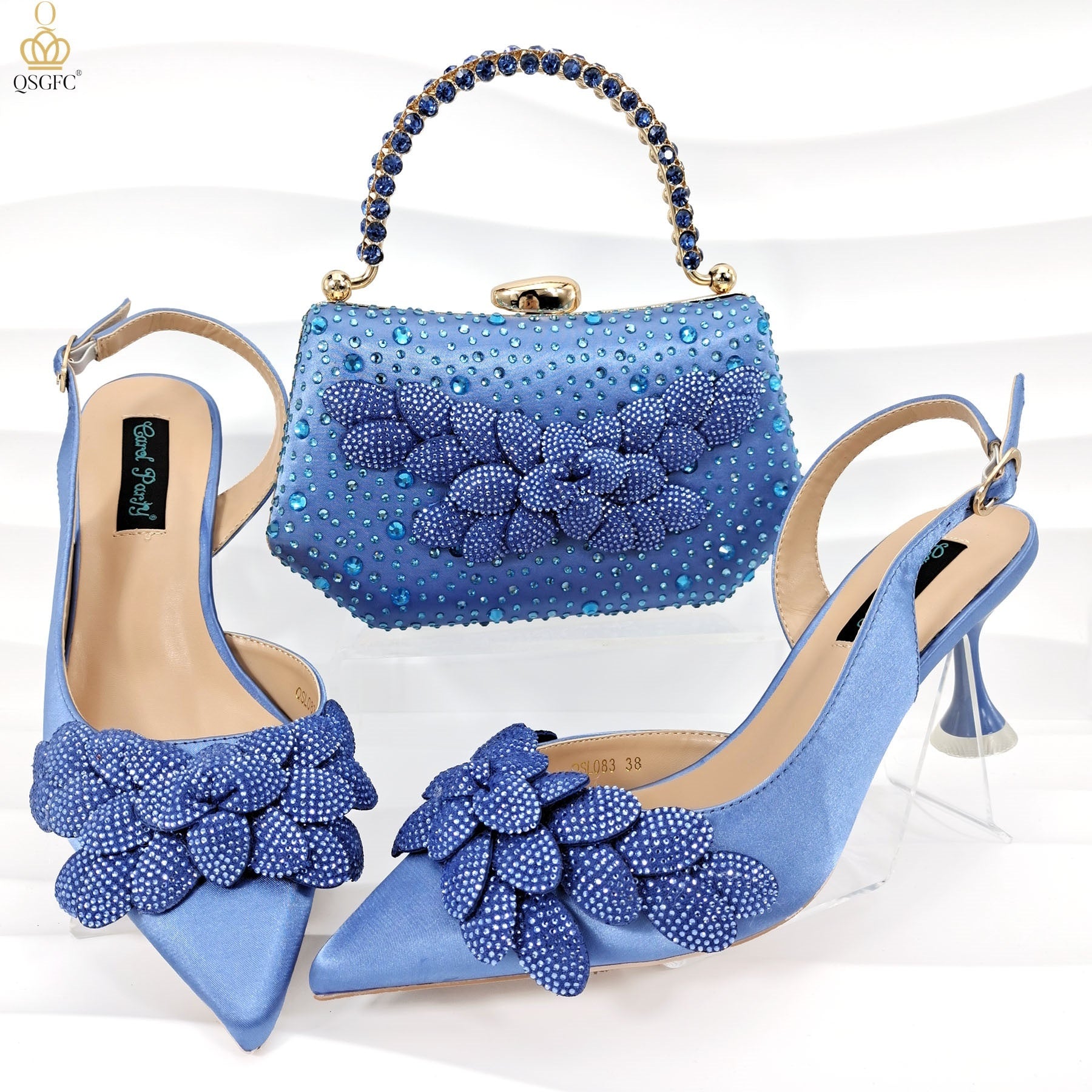 Sarah Express Rhinestone Floral Party Heels and Bag Set Sky Blue