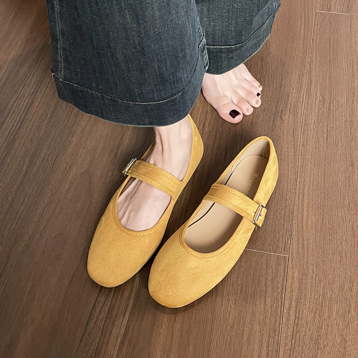 Sarah Express Suede Ballet Flats with Buckle Strap