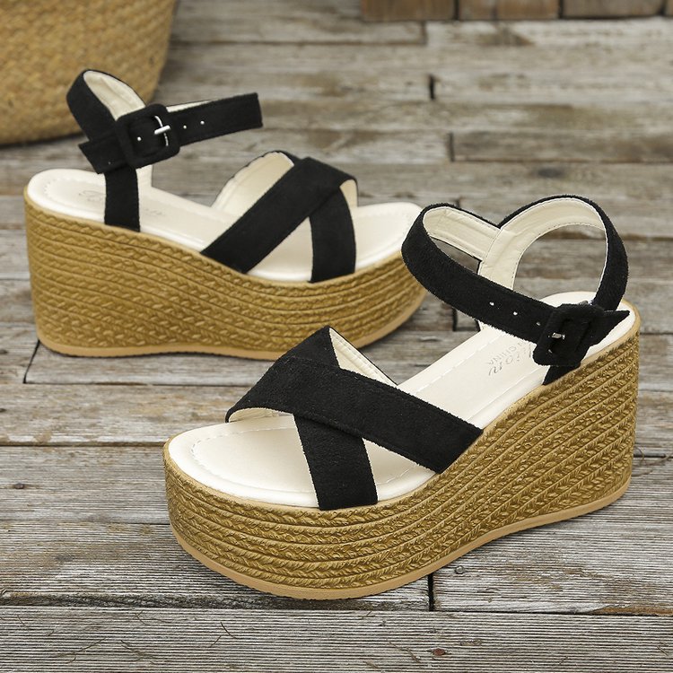Sarah Express Cross-Strap Platform Wedge Sandals Black