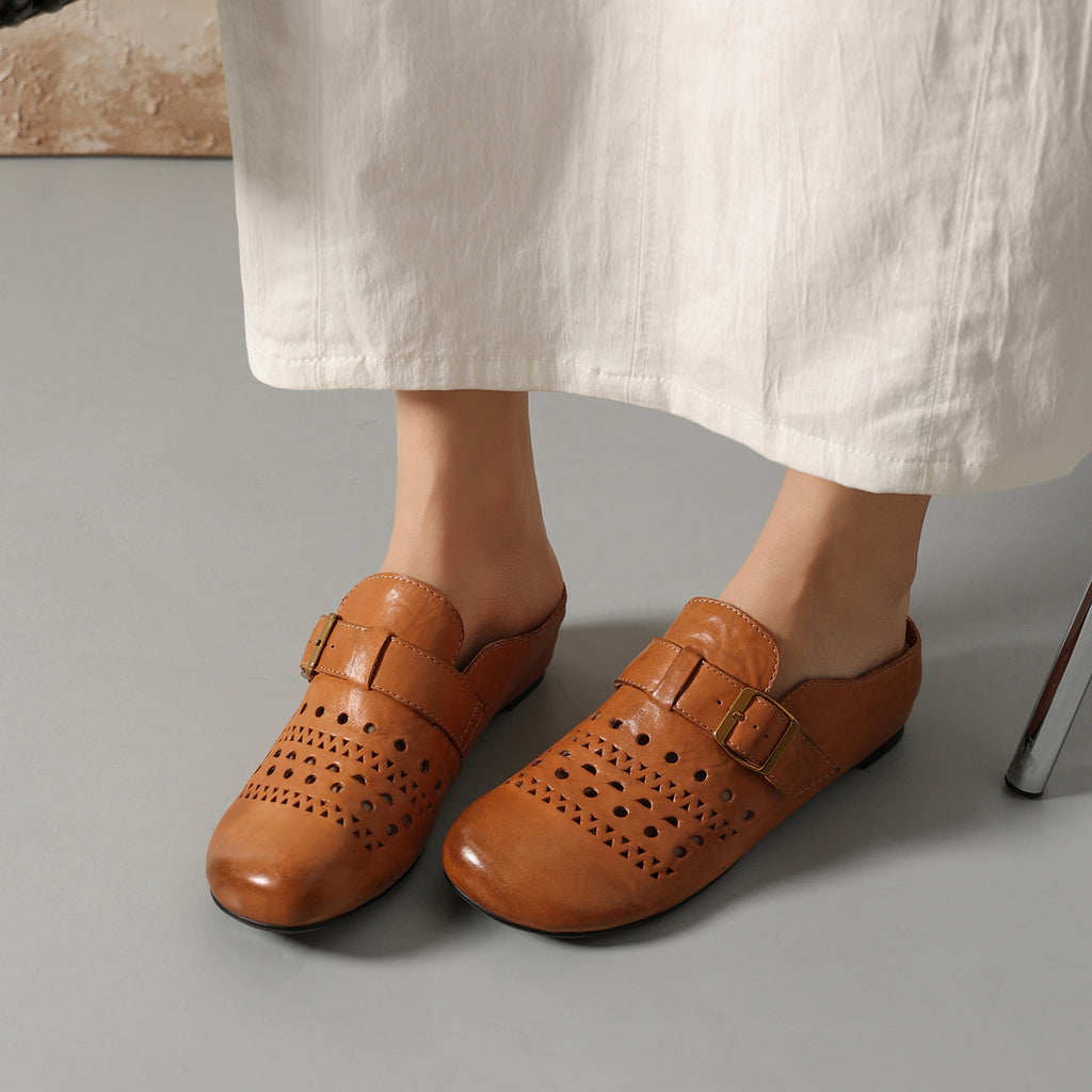 Sarah Express Perforated Cowhide Buckle Flat Mules