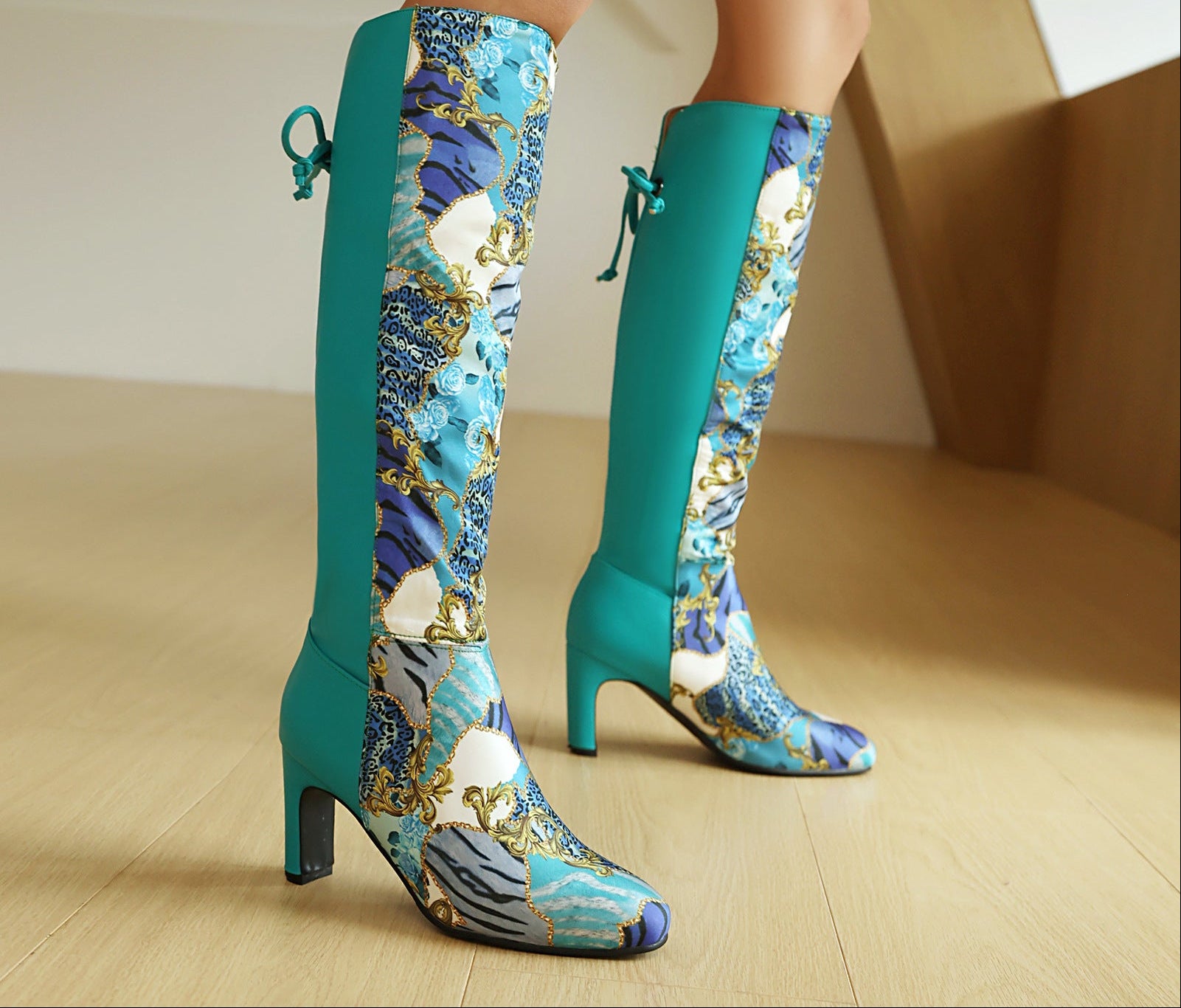 Sarah Express Floral Patchwork Bowknot Over-the-Knee Boots