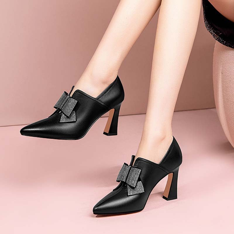 Sarah Express Rhinestone Bow Pointed Toe High Heels Black