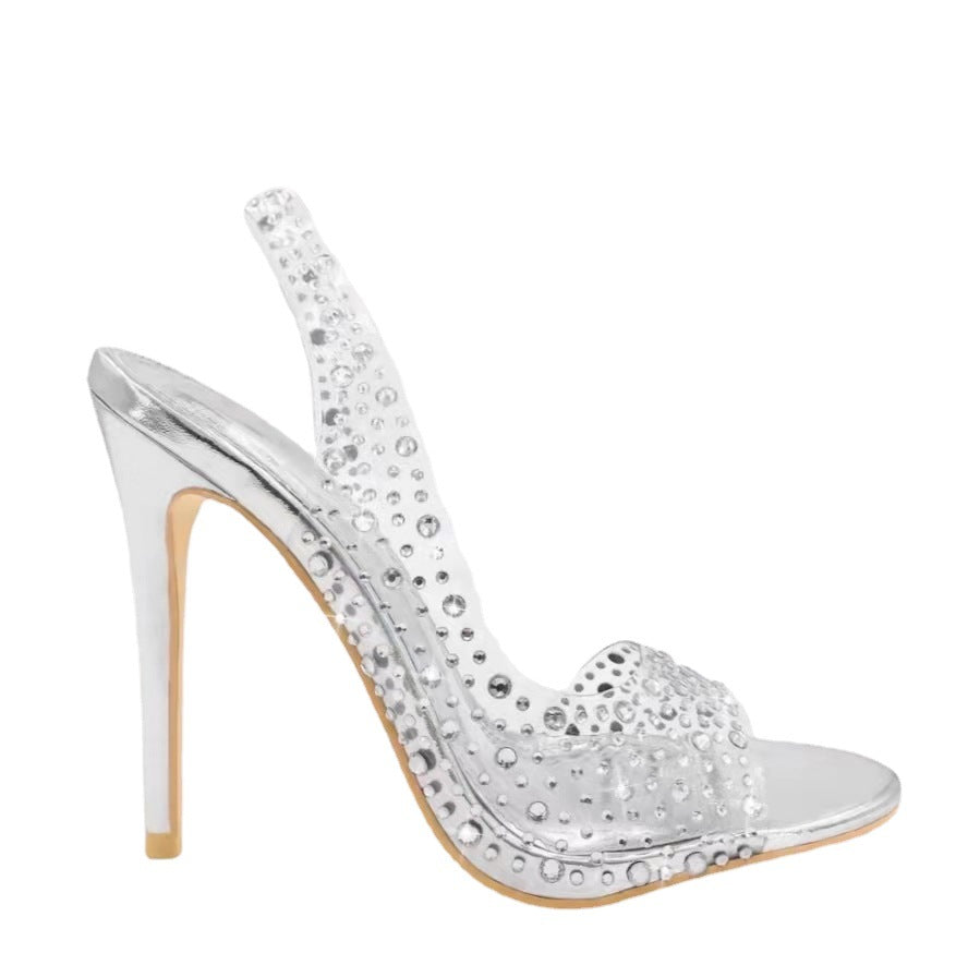Sarah Express Rhinestone Stiletto Fish Mouth Sandals Silver