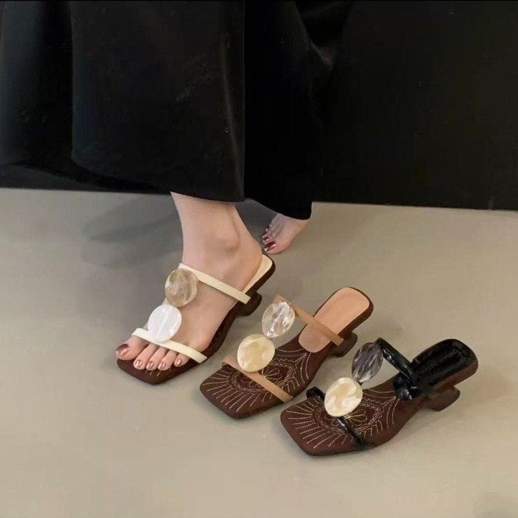 Sarah Express Square Toe Low Heel Slide Sandals