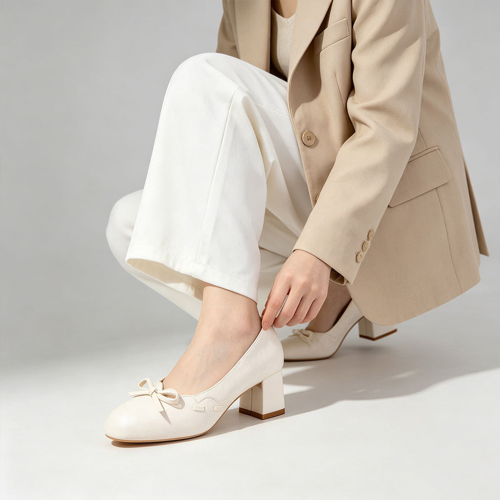 Sarah Express Ivory Jacquard Satin Bow Block Heels