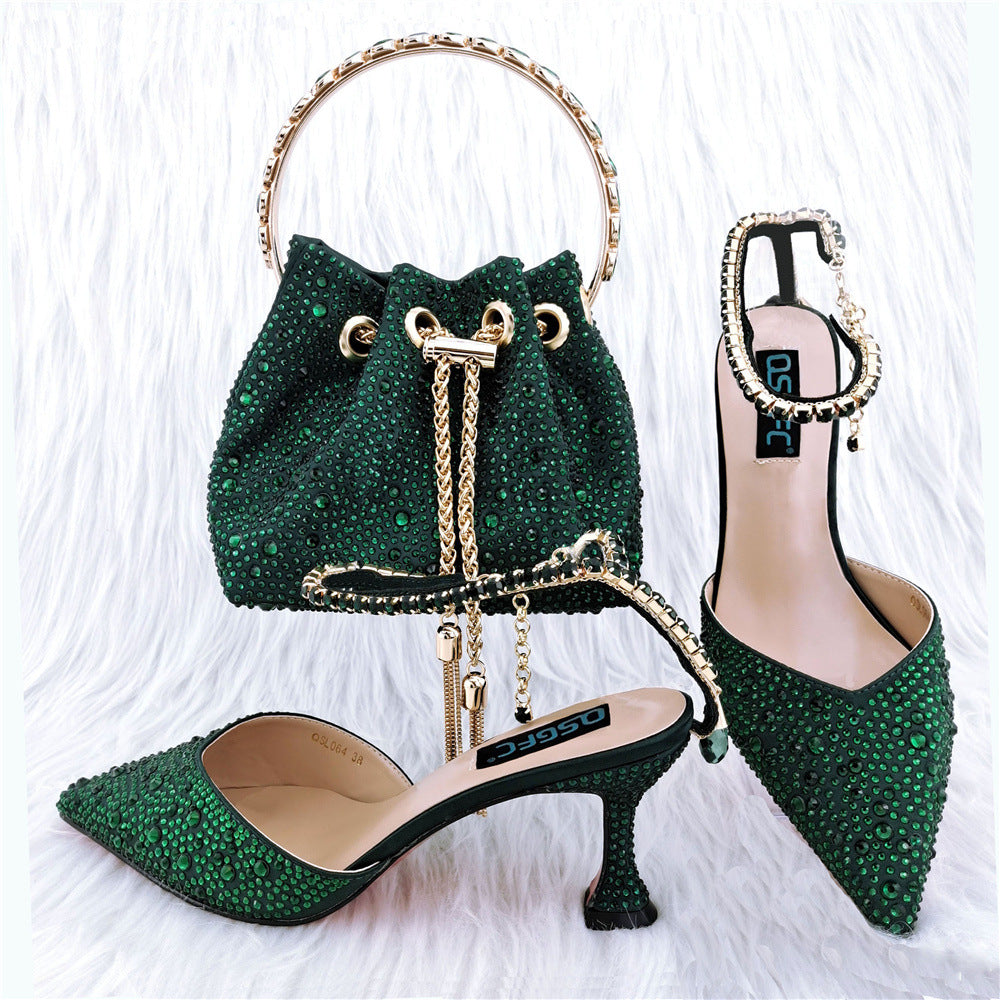 Sarah Express Crystal Embellished Pointed Toe Heel Set Dark green