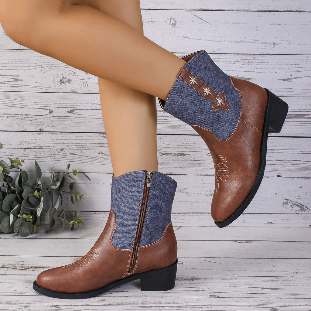 Sarah Express Denim Patchwork Western Pointed Toe Boots