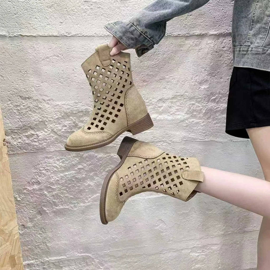 Sarah Express Hollowed-Out Mesh Mid-Calf Chunky Boots