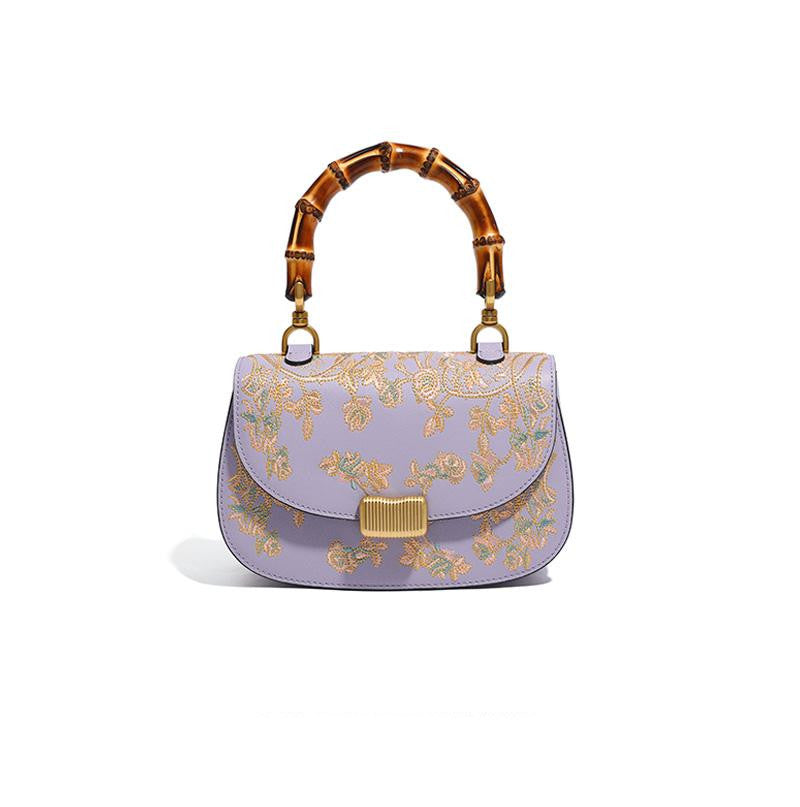 Sarah Express Embroidered Cowhide Bamboo Handle Handbag