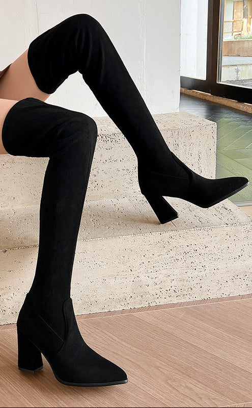 Sarah Express Suede Pointed Toe Chunky Heel Boots