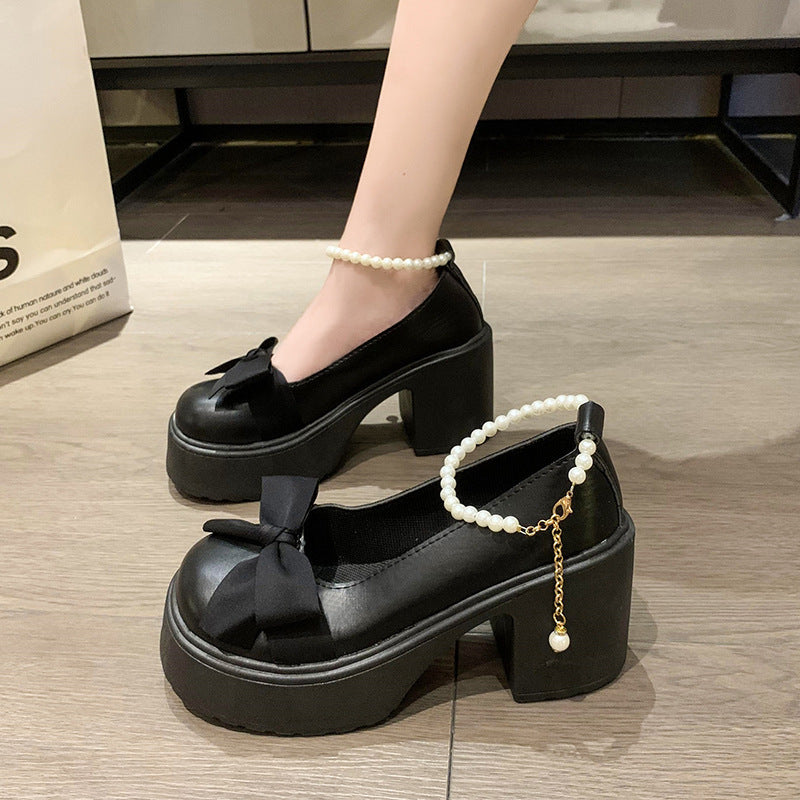 Sarah Express Pearl Bow Platform Block Heel Shoes Matte Black