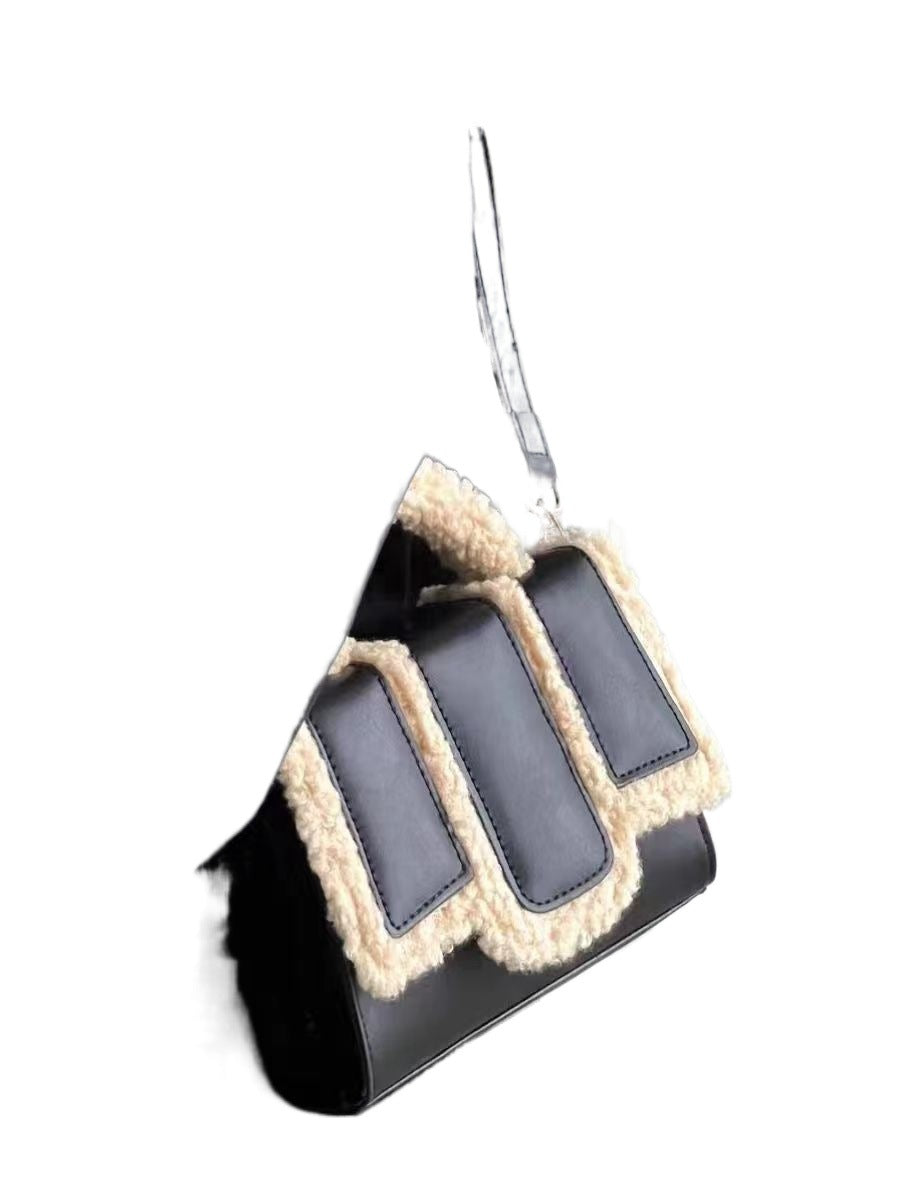 Sarah Express Lamb Wool Trim Structured Crossbody Bag