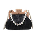 Sarah Express Woven Straw Shoulder Bag with Pearl Chain Black