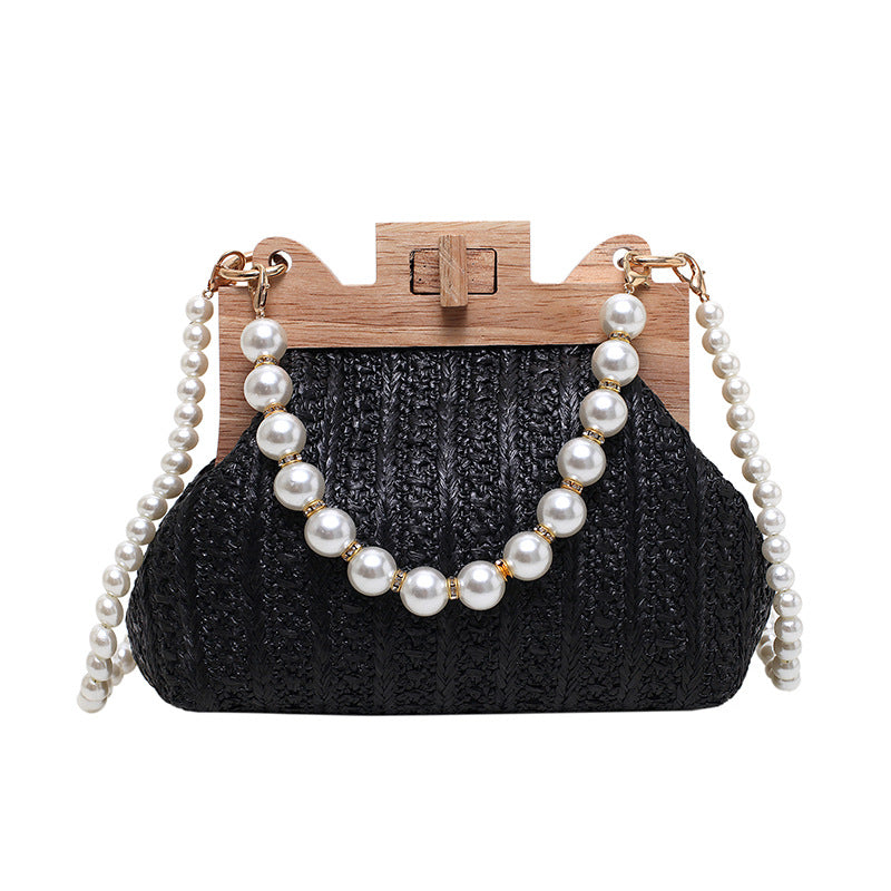 Sarah Express Woven Straw Shoulder Bag with Pearl Chain Black