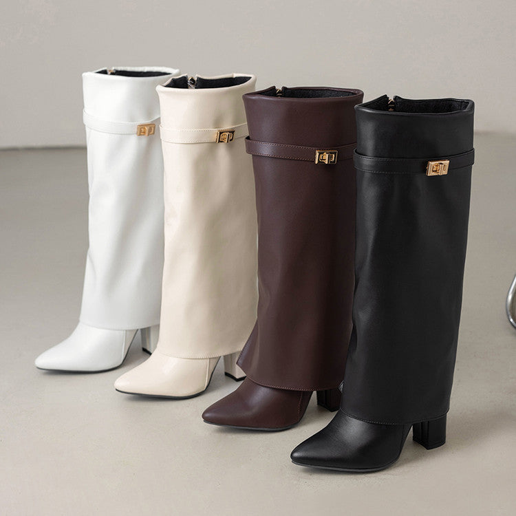Sarah Express Pointed-Toe Chunky Heel Mid-Calf Boots