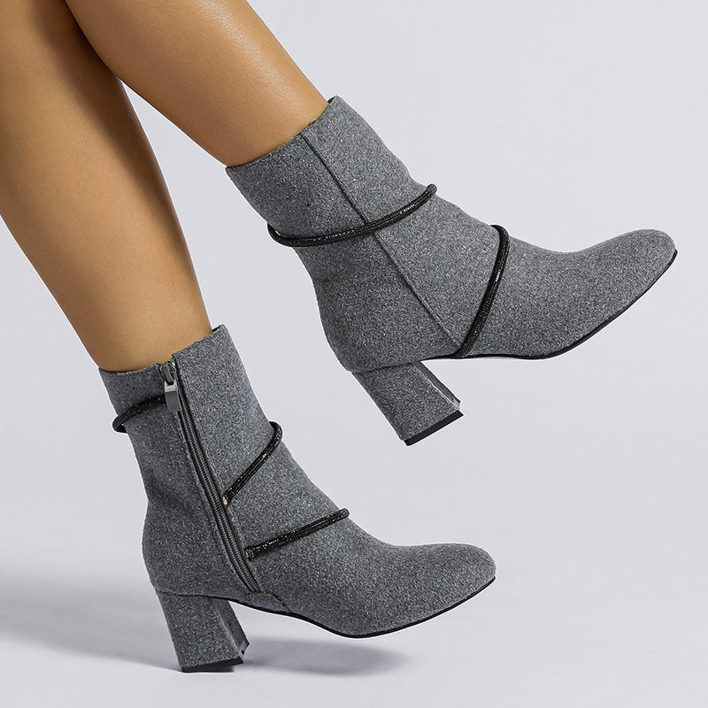 Sarah Express Chunky Mid Heel Rhinestone Chain Boots