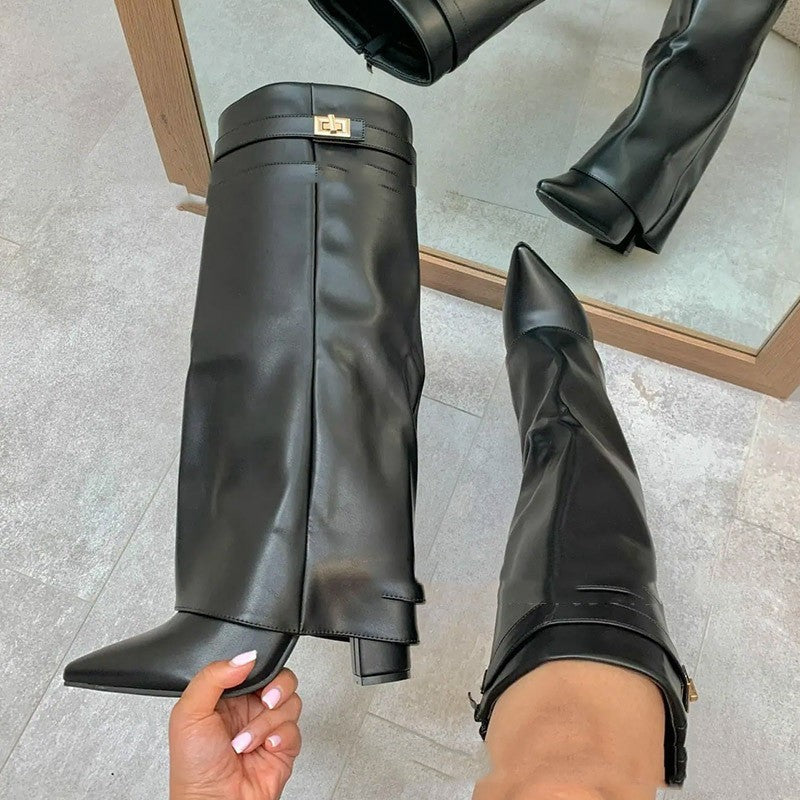 Sarah Express Pointed Toe Chunky Heel Mid-calf Boots