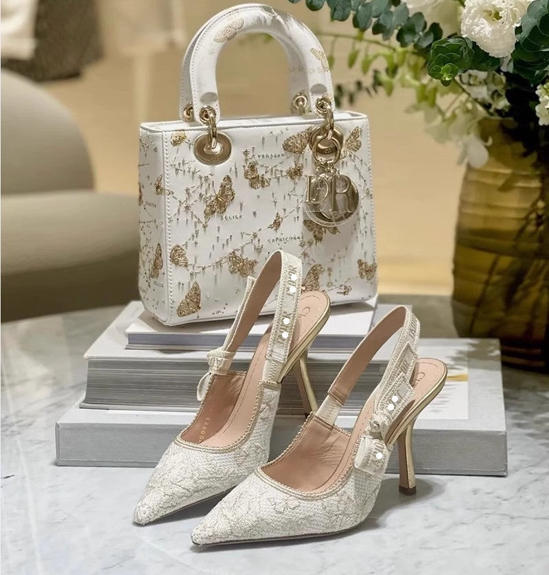 Sarah Express Gold Bow Strap Pointed Toe Heels