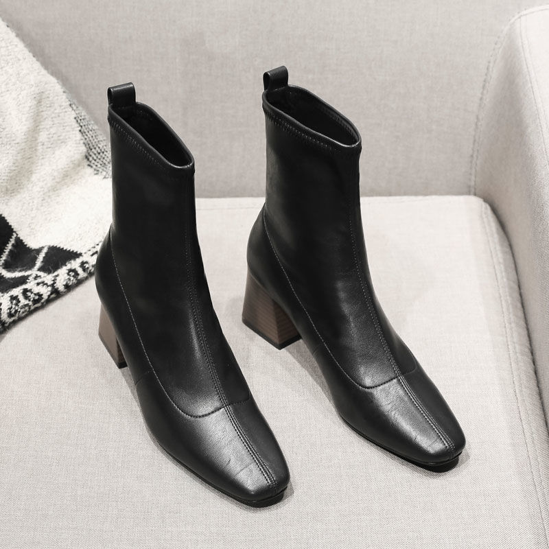 Sarah Express Minimalist Square Toe Chunky Heel Boots