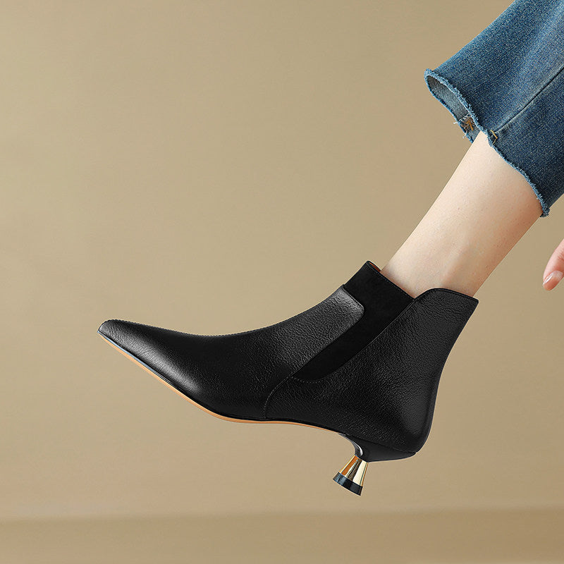 Sarah Express Genuine Leather Pointed-Toe Kitten Heel Boots