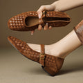 Sarah Express Woven Sheepskin Leather Mary Jane Flats Khaki