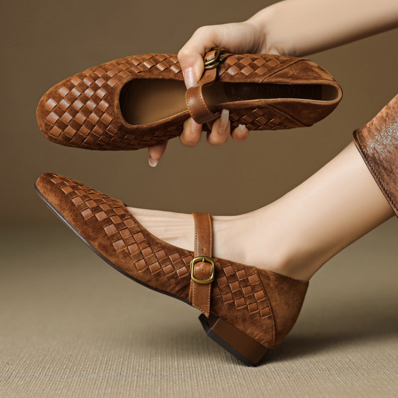Sarah Express Woven Sheepskin Leather Mary Jane Flats Khaki