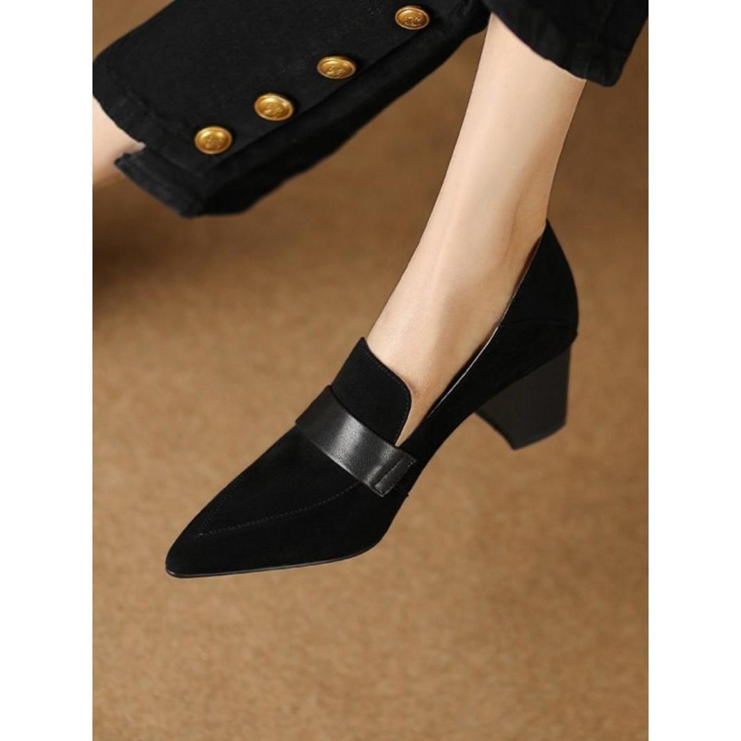 Sarah Express Pointed-Toe Chunky Heel Suede Loafers