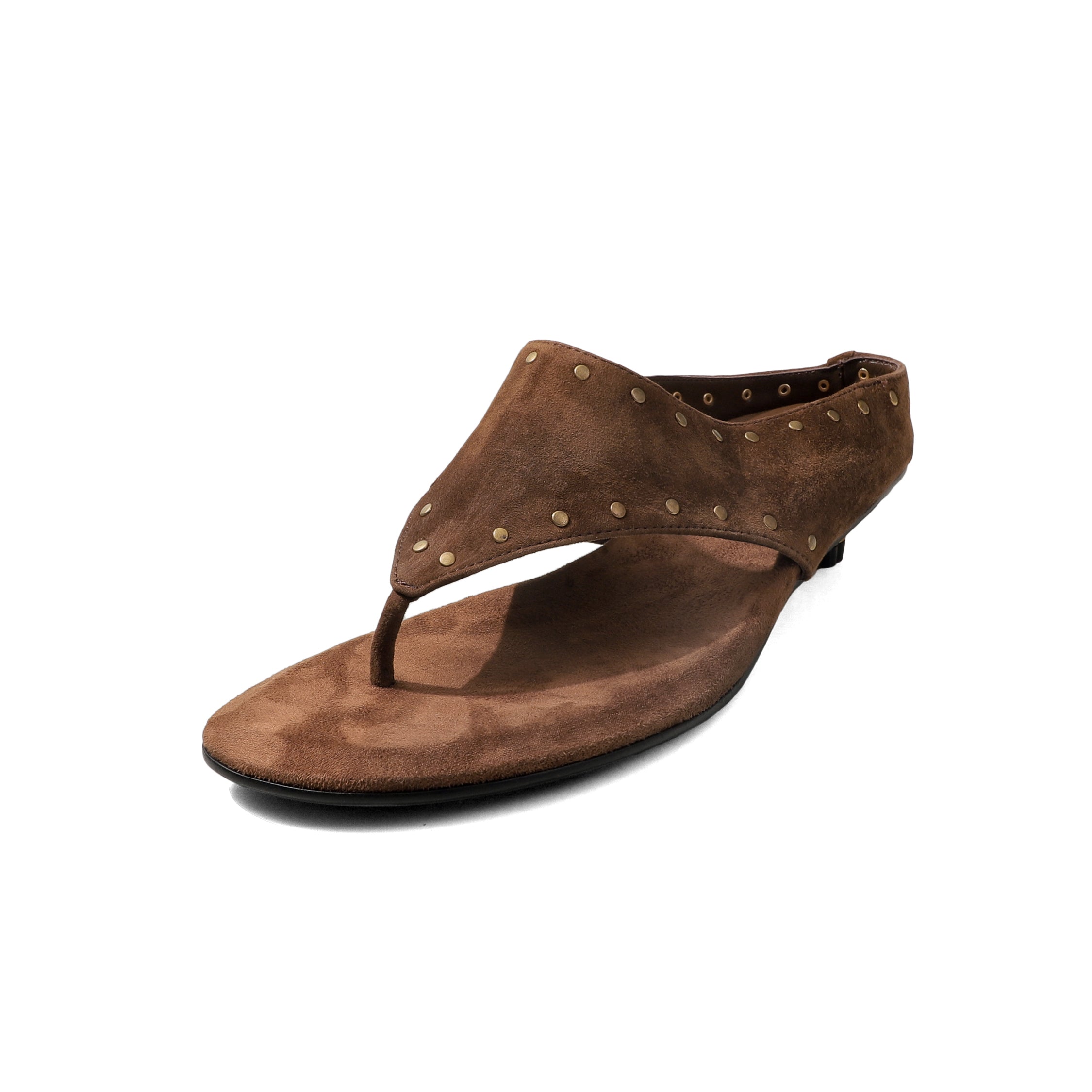 Sarah Express Studded Leather Kitten Heel Thong Mules Brown