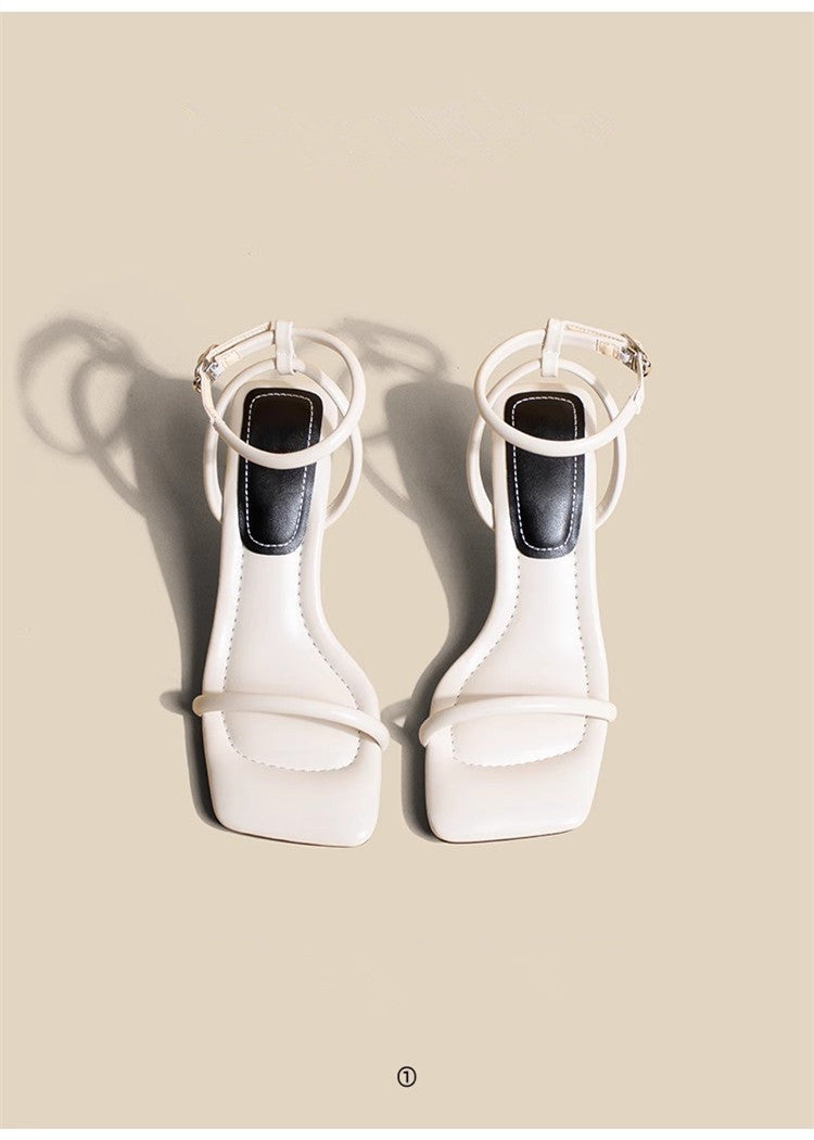 Sarah Express Ankle Strap Square Toe High Heel Sandals Beige