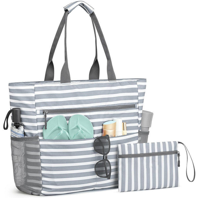 Sarah Express Large Foldable Waterproof Beach Tote Bag Gray Stripes