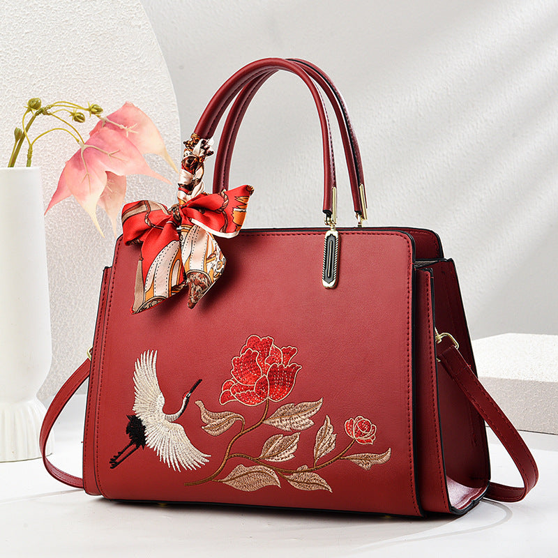 Sarah Express Embroidered Crane Crossbody Tote Bag