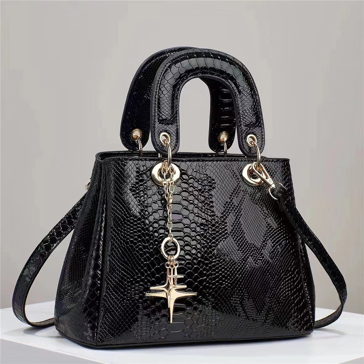 Sarah Express Crocodile Pattern Structured Messenger Bag Black