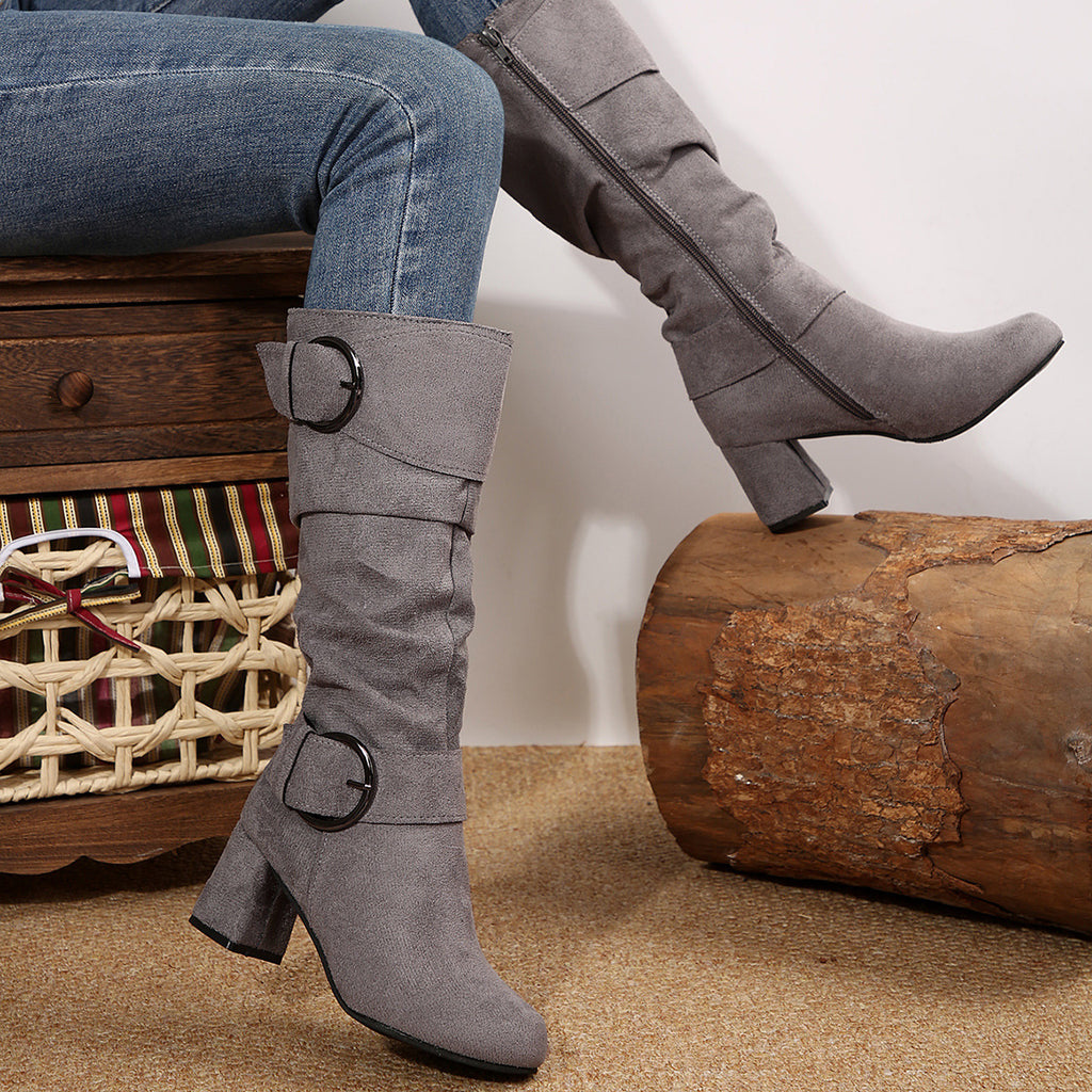 Sarah Express Suede Pointed Toe Chunky Heel Boots