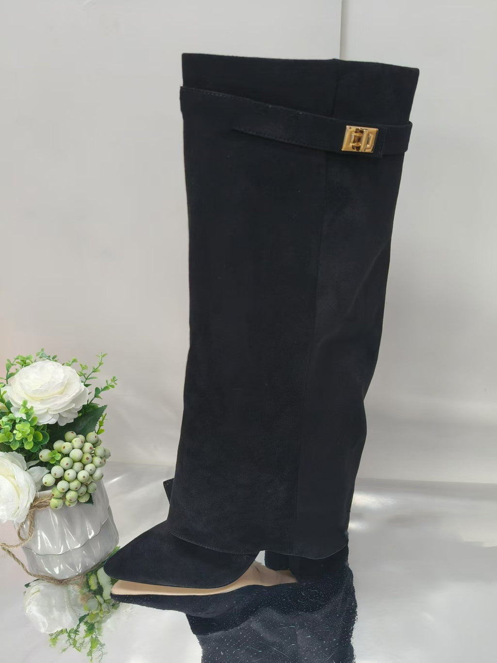 Sarah Express Pointed Toe Chunky Heel Mid-calf Boots Black Matte