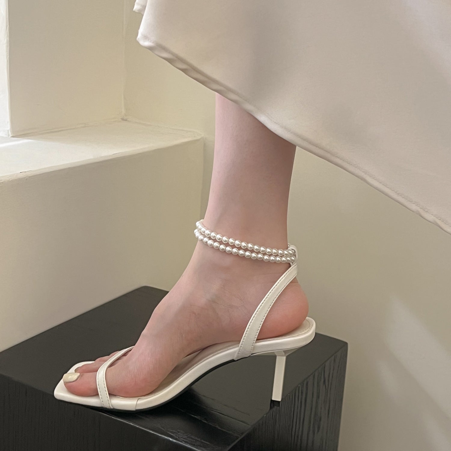 Sarah Express Pearl Ankle Strap Square Toe Heels