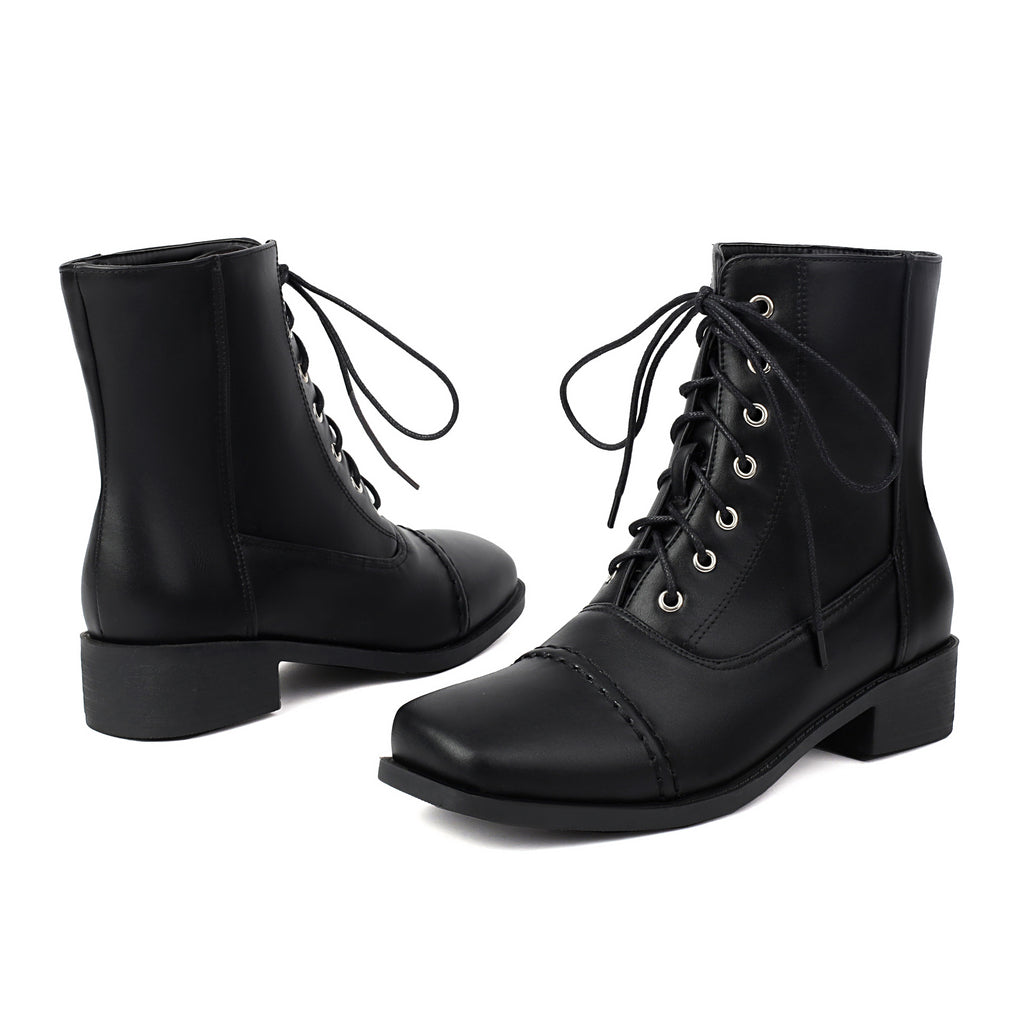 Sarah Express Women's Lace-Up Square-Toe Motorcycle Boots Black
